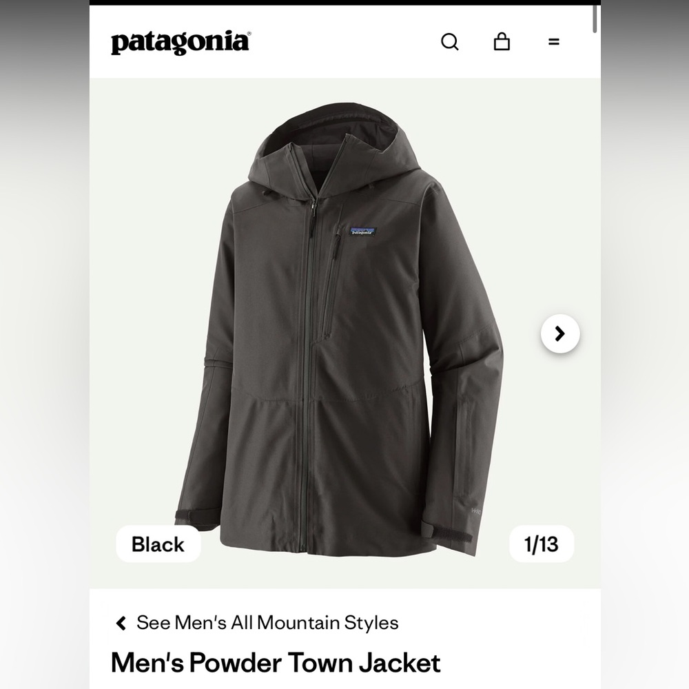Patagonia Men's Size XXS Black Waterproof Hooded Jacket- Powder Town Jacket
